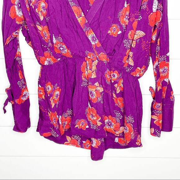 Free People Tuscan Dreams Floral Print Tie Sleeve Tunic Plum Orange XS - Picture 5 of 11